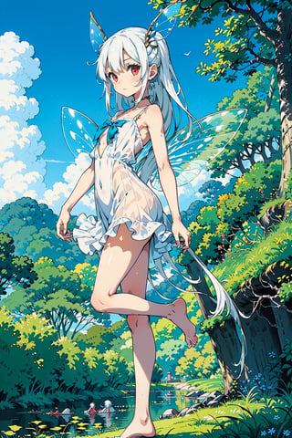1girl, sole female, long hair, white hair, jitome, red eyes, flat chest, fairy clothes, fairy wings, white transparent dress, forest baclground, lake, blue sky, bare foots