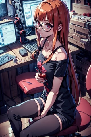 1girl, long hair, glasses, small breast, glasses, skinny, orange hair, long bots, black shorts, armless black shirt, sitting, hacker room,edrinktech,valentinetech