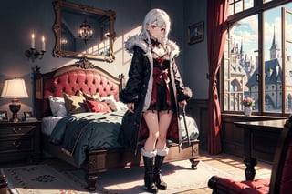 1girl, sole female, long hair, white hair, jitome, red eyes, loli, small breast, fur black coat, lingerie, fur boots, sword, indoors, castle room