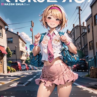 (magazine cover, english text:1.3), 1girl, Blonde, short hair, pink hairband, small breasts, brown eyes, standing, school uniform, white shit, pink skirt, necktie, hair accesories, schoolbag, smile, ((masterpiece, best quality)), raw photo, 4k hdr, (photorealistic:1.4),EnvyBeautyMix23