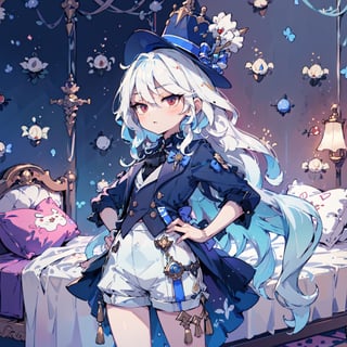 1girl, ( verylong hair:1.2), teenager, red eyes, white hair, jitome, loose hair, nahidadef, flat_chest , (luxury mannor room background:1.3) furina clothes, shorts, blue vest, cape,  garter legs, blue hat,EpicArt