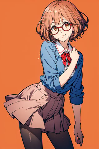 1 girl, short hair, orange hair, red glasses, Kuriyama Mirai, pantyhose, short shirt, blue shirt, smile 