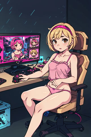 1girl, solo, blonde, short hair, (pink hairband), small breasts, brown eyes, (transparent camisole:1.2), gamer girl, (transparent panties:1.3), bare legs, console, controller, computer, adventure videogames on screens, dark room, bedroom, gamerseat, sitting, gameroomconcept, webcam