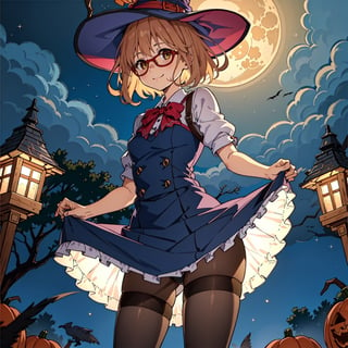 1girl, solo, Kuriyama Mirai, short hair, sidelocks, glasses small breasts, light smile, Witch hat, pumpkins, night, haunted forest, ravens, full Moon, Candy bag, pantyhose, short dress, (black dress:1.2), pantyshot, thighs, ass, skirt lift, close up