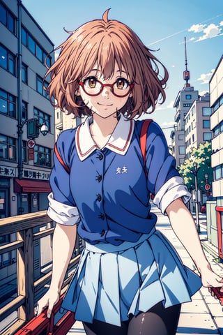 1 girl, short hair, orange hair, red glasses, Kuriyama Mirai, pantyhose, blue shirt, smile, city background