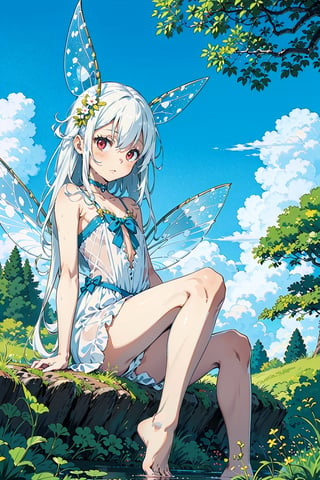 1girl, sole female, long hair, white hair, jitome, red eyes, flat chest, fairy clothes, fairy wings, white dress, forest baclground, lake, blue sky, bare foots