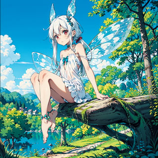 1girl, sole female, long hair, white hair, jitome, red eyes, flat chest, fairy clothes, fairy wings, white translucid dress, forest baclground, lake, blue sky, bare foots