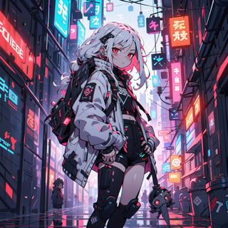 1girl, white hair, (long hair:1.2), red eyes, jitome, flat chest, small girl, skinny, cyberpunk style, white jacket, black shorts, sneakers, cyber backpack, cyberpunk city background