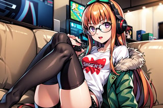 1girl, solo, long hair, looking at viewer, close mouth, t-shirt, purple eyes, small breasts, jacket, white shirt, glasses, belt, black thighhighs, orange hair, fur trim, short shorts, headphones, black shorts, goggles, green jacket, fur-trimmed jacket, behind-the-head headphones,  ( playing videogames:1.2), indoor room
