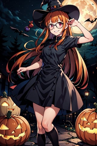 1girl, solo, Kuriyama Mirai, long hair, glasses, small breasts, light smile, Witch hat, pumpkins, night, haunted forest, ravens, full Moon, Candy bag,  orange hair, black dress, Halloween, light smile