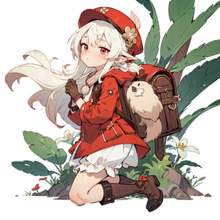 1girl, ( verylong hair:1.2), red eyes, white hair, jitome, loose hair, flat_chest, klee clothing, red hair, red dress, boots, bloomers, brown gloves, knee boots, cabbie hat, red coat, scarf, backpack, fantasy forest background