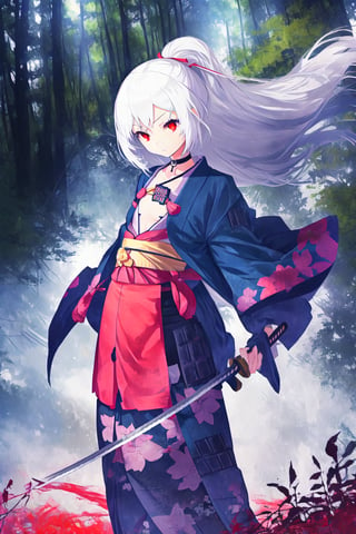1girl, solo, (white hair:1.2), long hair, red eyes, jitome, choker, flat chest, small girl, samurai clothes, japan forest background, holding katana