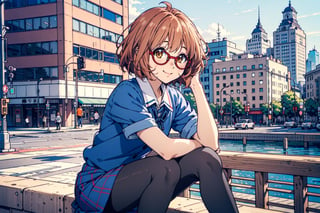 1 girl, short hair, orange hair, red glasses, Kuriyama Mirai, pantyhose, blue shirt, smile, city background