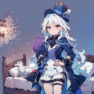 1girl, ( verylong hair:1.2), teenager, red eyes, white hair, jitome, loose hair, nahidadef, flat_chest , (luxury mannor room background:1.3) furina clothes, shorts, blue vest, cape,  garter legs, blue hat,EpicArt