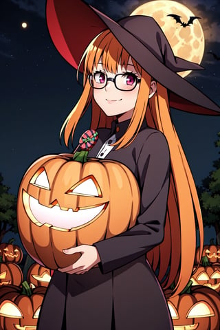 1girl, solo, Kuriyama Mirai, long hair, glasses, small breasts, light smile, Witch hat, pumpkins, night, haunted forest, ravens, full Moon, Candy bag,  orange hair, black dress, Halloween, light smile