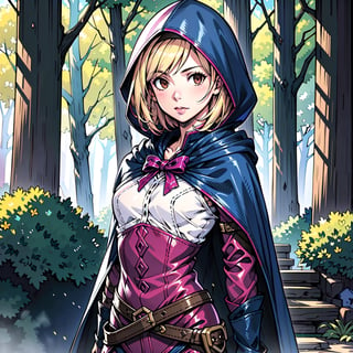1girl, Blonde, short hair, pink hairband, small breasts, brown eyes, hood up, cape, medium breasts, hooded cloak, belt, pouch, weapon, bow, forest road, ((masterpiece, best quality)), raw photo, 4k hdr, (photorealistic:1.4)