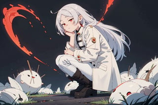 1girl, solo, long hair, white hair, red eyes, Frieren clothes, white coat, black legwears, boots, natural background