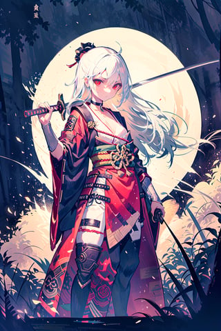 1girl, solo, (white hair:1.2), long hair, red eyes, jitome, choker, small breast, small girl, samurai clothes, japan forest background, holding katana