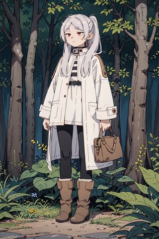 1girl, solo, long hair, white hair, red eyes, Frieren clothes, white coat, black legwears, boots, forest background