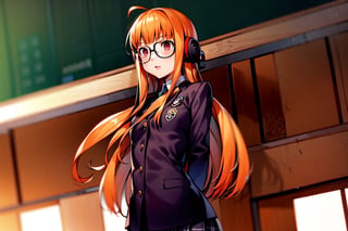high_resolution, 1girl, solo, orange long hair, glasses, behind-the-head headphones, (close mouth:1.2), shujin school uniform, plate skirt, standing, upper body shot, (schoolyard background:1.2)