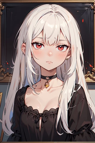 1girl, solo, white hair, long hair, red eyes, flat chest, black dress, choker, emotionless, portrait, (oil painting:1.4)