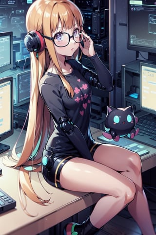 1girl, solo girl, long hair, glasses, small breast, glasses, skinny, orange hair, long bots, black shorts, armless black shirt, sitting, hacker room,edrinktech,valentinetech,kawaiitech