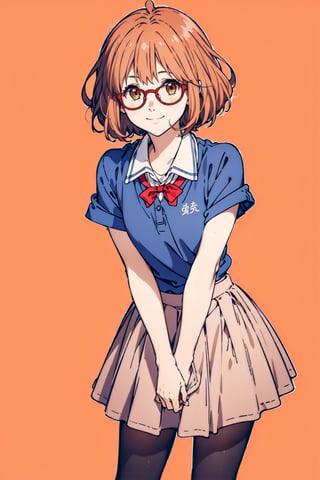 1 girl, short hair, orange hair, red glasses, Kuriyama Mirai, pantyhose, short shirt, blue shirt, smile 
