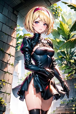 1girl, Blonde, short hair, pink hairband, small breasts, emotionless, parted_lips, 2b clothes, nier automata clothing, standing , jungle temple background