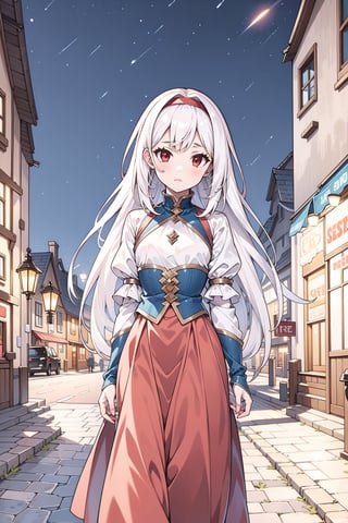 1girl, solo, white hair, long hair, red eyes, flat chest, medieval clothing, night, town street