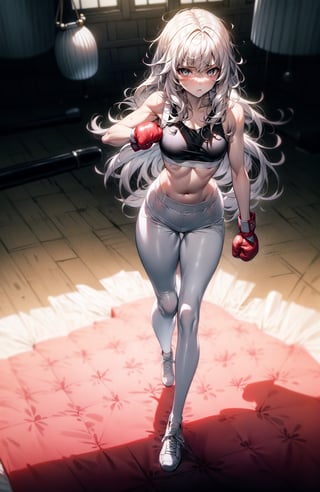 masterpiece, best quality, illustration, full body, body facing viewer, 1girl, white long hair, emotionless, small breast, leggins, sport bra,  hitting a boxing bag