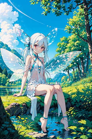 1girl, sole female, long hair, white hair, jitome, red eyes, flat chest, fairy clothes, fairy wings, white translucid dress, forest baclground, lake, blue sky, bare foots