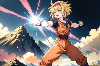 1girl, djeeta, blonde, short hair, pink hairband, brown eyes, small breasts, training clothes, Super Saiyan energy, standing, shouting, sky afternoon, mountains in background.

(anime:1.2), (dramatic lighting:1.1), (vibrant colors:1.3), (cell-shaded:1.1), (dynamic composition:1.2)