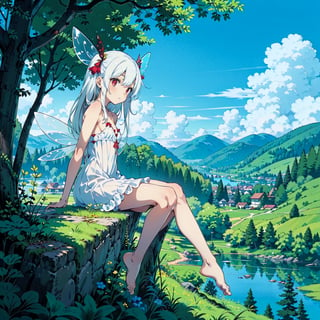 1girl, sole female, long hair, white hair, jitome, red eyes, flat chest, fairy clothes, fairy wings, white dress, forest baclground, lake, blue sky, bare foots