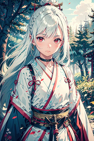 1girl, solo, white hair, long hair, red eyes, choker, flat chest, small girl, emotionless, samurai clothes, japan forest background, katana
