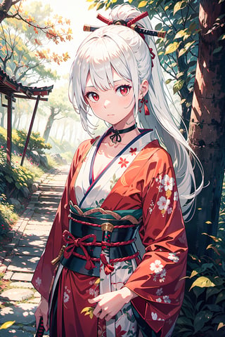 1girl, solo, (white hair:1.2), long hair, red eyes, jitome, choker, flat chest, small girl, samurai clothes, japan forest background, katana