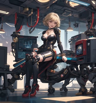 Image with mecha, science fiction, action, adventure, and romance styles, rendered in ultra-high resolution with realistic details. | Aiko, a 25-year-old robot woman, is completely naked, wearing only a pair of red-colored sunglasses with mirrored lenses, a gold necklace with a gear-shaped pendant, silver bracelets on her hands, and a gold ring with a small diamond on her left hand. She has blonde short hair, hair with a modern and stylish cut, straight and short hair. Her bright red eyes are looking at the viewer, she is ((smiling)), showing her white teeth and red-painted lips. The scene takes place in a futuristic laboratory, with steel and glass structures, metal structures, plastic structures, a robot, machines, computers. | The composition in a wide-angle shot highlights Aiko's imposing figure, her metallic skin, and the architectural elements of the laboratory. The steel and glass structures, along with Aiko, the robot, the machines, and the computers, create a science fiction, action, and adventure-filled environment. The lights scattered throughout the environment illuminate the scene, creating dramatic shadows and highlighting the details of the scene. | Soft and bright lighting effects create a futuristic and enchanting atmosphere, while detailed textures on the metallic skin, hair, and Aiko's accessories add realism to the image. | A charming and mysterious scene of Aiko, a robot woman in a futuristic laboratory, blending elements of mecha, science fiction, action, adventure, and romance. | ((fix_errors)). | (((((The image reveals a full-body shot of the character as she assumes a sensual pose. She enticingly leans, throws herself, and supports herself against a structure within the scene in an exciting manner. While leaning back, she takes on a sensual pose, boldly throwing herself onto the structure and reclining back in an exhilarating way.))))). | ((full-body shot)), ((perfect pose)), ((perfect fingers, better hands, perfect hands)), ((perfect legs, perfect feet)), ((huge breasts)), ((perfect design)), ((perfect composition)), ((very detailed scene, very detailed background, perfect layout, correct imperfections)), More Detail, Enhance