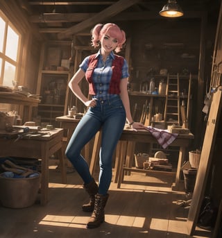 A razor-sharp 4K masterpiece with a realistic, futuristic style, rendered in ultra-high resolution with graphic detail. | A young 26-year-old woman, with short pink hair and two long pigtails, is dressed in a carpenter's outfit, consisting of a red and black checked shirt, jeans, work boots and a reflective vest with luminous clips. She has green eyes, she is looking at the viewer, while ((smiles, showing her teeth)). She finds herself in a carpentry shop, surrounded by wooden structures, metal structures and work tools. Light from spotlights and work lamps illuminate the room, creating dramatic shadows and highlighting details in the scene. | The image highlights the woman's figure, her clothes and accessories, as well as the carpentry elements around her. The details of the tools, wood and metal add realism to the image. | Soft, moody lighting effects create a tense, energetic atmosphere, while detailed textures on skin and fabrics add realism to the image. | A vibrant, futuristic scene of a young female carpenter in her workplace, exploring themes of strength, skill and female empowerment. | (((((The image reveals a full-body shot as she strikes a sensual pose, engagingly leaning against a structure within the scene in a thrilling manner. As she leans back, she assumes a sensual pose, leaning against the structure and reclining in an exciting way.))))). | ((full-body shot)), ((perfect pose)), ((perfect fingers, better hands, perfect hands)), ((perfect legs, perfect feet)), ((huge breasts)), ((perfect design)), ((perfect composition)), ((very detailed scene, very detailed background, perfect layout, correct imperfections)), More Detail, Enhance