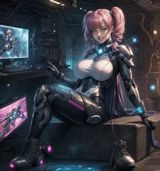 A masterpiece in 16K hyper-realistic with a futuristic and technological style, rendered in ultra-high resolution with impressive graphic details. | A 26-year-old young woman is dressed in a mecha suit, composed of silver metallic armor, a helmet with a visor, gloves, and combat boots. Her short pink hair has a large fringe and two long pigtails with glowing straps. She has green eyes, is looking at the viewer with a happy and confident expression, ((showing her teeth while smiling)). She is in a technological laboratory, surrounded by metal structures, computers, machines, and control panels. The light from the screens and control panels creates a futuristic and technological environment, highlighting the details of the scene and creating dramatic shadows. | The image emphasizes the imposing figure of the woman in the mecha suit, the metal structures, and the technological equipment surrounding her. The artificial lighting of the laboratory creates dramatic shadows and enhances the details of the scene. | Soft and dark lighting effects create a tense and energy-filled atmosphere, while detailed textures on the armor and fabrics add realism to the image. | A futuristic and technological scene of a young woman in a mecha suit in a laboratory, exploring themes of innovation, power, and advanced technology. | (((((The image reveals a full-body shot of the character as she assumes a relaxed pose. She enticingly leans, throws herself, and supports herself against a structure within the scene in an exciting manner. While leaning back, she takes on a relaxed pose, boldly throwing herself onto the structure and reclining back in an exhilarating way.))))). | ((full-body shot)), ((perfect pose)), ((perfect fingers, better hands, perfect hands)), ((perfect legs, perfect feet)), ((huge breasts)), ((perfect design)), ((perfect composition)), ((very detailed scene, very detailed background, perfect layout, correct imperfections)), More Detail, Enhance,