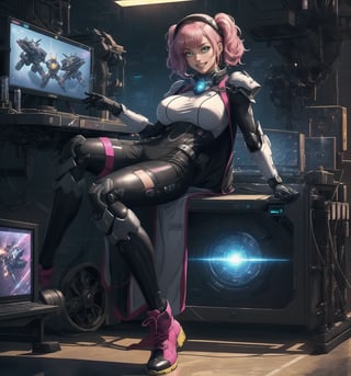 A masterpiece in 16K hyper-realistic with a futuristic and technological style, rendered in ultra-high resolution with impressive graphic details. | A 26-year-old young woman is dressed in a mecha suit, composed of silver metallic armor, a helmet with a visor, gloves, and combat boots. Her short pink hair has a large fringe and two long pigtails with glowing straps. She has green eyes, is looking at the viewer with a happy and confident expression, ((showing her teeth while smiling)). She is in a technological laboratory, surrounded by metal structures, computers, machines, and control panels. The light from the screens and control panels creates a futuristic and technological environment, highlighting the details of the scene and creating dramatic shadows. | The image emphasizes the imposing figure of the woman in the mecha suit, the metal structures, and the technological equipment surrounding her. The artificial lighting of the laboratory creates dramatic shadows and enhances the details of the scene. | Soft and dark lighting effects create a tense and energy-filled atmosphere, while detailed textures on the armor and fabrics add realism to the image. | A futuristic and technological scene of a young woman in a mecha suit in a laboratory, exploring themes of innovation, power, and advanced technology. | (((((The image reveals a full-body shot of the character as she assumes a relaxed pose. She enticingly leans, throws herself, and supports herself against a structure within the scene in an exciting manner. While leaning back, she takes on a relaxed pose, boldly throwing herself onto the structure and reclining back in an exhilarating way.))))). | ((full-body shot)), ((perfect pose)), ((perfect fingers, better hands, perfect hands)), ((perfect legs, perfect feet)), ((huge breasts)), ((perfect design)), ((perfect composition)), ((very detailed scene, very detailed background, perfect layout, correct imperfections)), More Detail, Enhance,