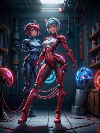 A woman, wearing cybernetic suit+white bionic armor with red bands, gigantic breasts, blue hair, very short hair, mohawk hair, bangs in front of her eyes, helmet on her head, looking at the viewer, (((erotic pose interacting and leaning on an object))), in a laboratory with machines, robots, pipes with luminous lights, windows showing the city, ((full body):1.5). 16k, UHD, best possible quality, ((best possible detail):1), best possible resolution, Unreal Engine 5, professional photography, ((Super Metroid)), perfect_hands,