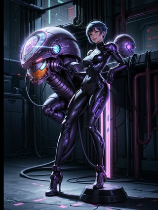 A woman, wearing cybernetic suit+white bionic armor with red bands, gigantic breasts, blue hair, very short hair, mohawk hair, bangs in front of her eyes, helmet on her head, looking at the viewer, (((erotic pose interacting and leaning on an object))), in a laboratory with machines, robots, pipes with luminous lights, windows showing the city, ((full body):1.5). 16k, UHD, best possible quality, ((best possible detail):1), best possible resolution, Unreal Engine 5, professional photography, ((Super Metroid)), perfect_hands,