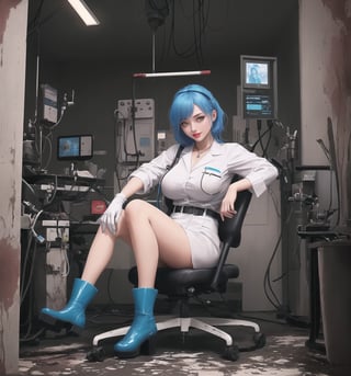 An ultra-detailed 16K masterpiece with ((horror and macabre styles)), rendered in ultra-high resolution with graphic detail. | Aria, a 32-year-old woman, is dressed in a doctor's outfit, consisting of a white shirt, green pants and a surgical gown. She is also wearing a surgical mask, latex gloves and rubber boots. Her blue hair is short and unkempt, with a few locks tucked behind her ears. She has yellow eyes, looking at the viewer while smiling sensually, showing her teeth and wearing red lipstick. It is located in a macabre operating room, with filthy hospital structures, metal structures, destroyed machines and a macabre and filthy environment. The scene is lit by fluorescent lights, creating eerie shadows on the walls. There are surgical instruments scattered around the place, creating an environment of tension and fear. | The image highlights Aria's sensual figure and the macabre elements of the operating room, as well as the detailed textures on the structures, instruments and machines. | Dark and sinister lighting effects create a frightening and tense atmosphere, while Aria's sensual pose adds a seductive touch to the image. | A horror and seductive scene of a female doctor in a macabre operating room, exploring themes of fear, tension and sensuality. | (((The image reveals a full-body shot as Aria assumes a sensual pose, engagingly leaning against a structure within the scene in an exciting manner. She takes on a sensual pose as she interacts, boldly leaning on a structure, leaning back and boldly throwing herself onto the structure, reclining back in an exhilarating way.))). | ((((full-body shot)))), ((perfect pose)), ((perfect limbs, perfect fingers, better hands, perfect hands)), ((perfect legs, perfect feet)), ((huge breasts)), ((perfect design)), ((perfect composition)), ((very detailed scene, very detailed background, perfect layout, correct imperfections)), Enhance++, Ultra details++, More Detail++