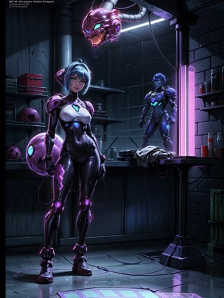 A woman, wearing cybernetic suit+white bionic armor with red bands, gigantic breasts, blue hair, very short hair, mohawk hair, bangs in front of her eyes, helmet on her head, looking at the viewer, (((erotic pose interacting and leaning on an object))), in a laboratory with machines, robots, pipes with luminous lights, windows showing the city, ((full body):1.5). 16k, UHD, best possible quality, ((best possible detail):1), best possible resolution, Unreal Engine 5, professional photography, ((Super Metroid)), perfect_hands,