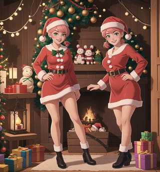 A razor-sharp 4K masterpiece with a realistic, festive style, rendered in ultra-high resolution with graphic detail. | A young 27-year-old woman, with short pink hair and two long pigtails, is dressed in a Santa Claus costume, consisting of a red blouse with white details, a red skirt, red and white striped socks, black boots and a hat Santa Claus with luminous clips. She has green eyes, she is looking at the viewer, while ((smiles, showing her teeth)). She finds herself inside a toy workshop, surrounded by wooden structures, metal structures, toys and stacked gifts. The light from the Christmas garlands and lamps illuminate the room, creating dramatic shadows and highlighting the details of the scene. | The image highlights the woman's figure, her clothes and accessories, as well as the toy workshop elements around her. The details of toys, gifts and decorations add realism to the image. | Soft, moody lighting effects create a cozy, holiday-filled atmosphere, while detailed textures on skin and fabrics add realism to the image. | A festive and joyful scene of a young woman as Santa Claus in her workshop, exploring themes of joy, fun and Christmas spirit. | (((((The image reveals a full-body shot as she assumes a sensual pose, engagingly leaning against a structure within the scene in an exciting manner. She takes on a sensual pose as she interacts, boldly leaning on a structure, leaning back in an exciting way.))))). | ((full-body shot)), ((perfect pose)), ((perfect fingers, better hands, perfect hands)), ((perfect legs, perfect feet)), ((huge breasts)), ((perfect design)), ((perfect composition)), ((very detailed scene, very detailed background, perfect layout, correct imperfections)), More Detail, Enhance