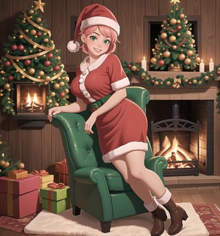 A masterpiece in 4K ultra-high definition with a realistic and cozy style, rendered in ultra-high resolution with graphic details. | A young 24-year-old woman with short pink hair and two long pigtails is dressed in a Santa's helper outfit, consisting of a red blouse with white details, a red skirt, red and white striped stockings, black boots, and a Santa hat with glowing pom-poms. ((She has green eyes, looking at the viewer while smiling, showing her teeth)). She is inside a cozy wooden house, featuring wooden structures, a fireplace, comfortable furniture, and a beautifully decorated Christmas tree. The warm light from the fireplace and the twinkling lights on the Christmas tree create a cozy and festive atmosphere, highlighting the details of the scene. | The image emphasizes the woman's figure, her clothing and accessories, as well as the elements of the wooden house surrounding her. The details of the wood, fireplace, furniture, and decorations add realism to the image. | Soft and warm lighting effects create a cozy atmosphere filled with Christmas spirit, while detailed textures on the skin and fabrics add realism to the image. | A cozy and festive scene of a young woman as Santa's helper in a wooden house, exploring themes of comfort, joy, and Christmas spirit. | (((((The image reveals a full-body shot as she strikes a sensual pose, engagingly leaning against a structure within the scene in a thrilling manner. As she leans back, she assumes a sensual pose, leaning against the structure and reclining in an exciting way.))))). | ((full-body shot)), ((perfect pose)), ((perfect fingers, better hands, perfect hands)), ((perfect legs, perfect feet)), ((huge breasts)), ((perfect design)), ((perfect composition)), ((very detailed scene, very detailed background, perfect layout, correct imperfections)), More Detail, Enhance
