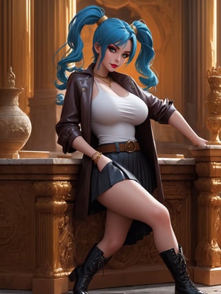 In a UHD masterpiece, with ultra-sharp details, the adventure-inspired style blends elements of anime and urban realism. | A stunning 30-year-old archaeologist showcases her elegance and boldness in an ancient Persian temple immersed in a waterfall. Wearing a dark brown leather coat, short white top, pleated black skirt, leather boots, and a black belt, her blue hair is adorned with two pigtails and a large fringe. A tattoo stands out on her right arm. Her piercing gaze stares directly at the viewer. | The scene reveals the magnificent temple with white marble structures, Persian writings, and impressive vases. On an altar, gold figurines capture the essence of ancient Persian culture. The camera, very close, highlights the protagonist adopting a dynamic pose. Leaning back with "tomb raider" style, she interacts and boldly leans on a large structure in the scene. | She is reclining in a dynamic way, providing a cinematic experience that combines adventure, style, and intrigue. | She is adopting a ((sensual pose as interacts, boldly leaning on a large structure in the scene, leaning back in a sensual way, adding a unique touch to the scene.):1.3), ((Full body)), perfect hand, fingers, hand, perfect, better\_hands, Big, More Detail.