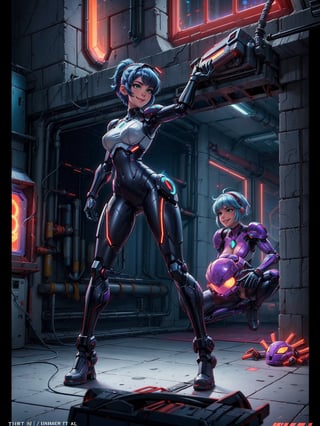 A woman, wearing cybernetic suit+white bionic armor with red bands, gigantic breasts, blue hair, very short hair, mohawk hair, bangs in front of her eyes, helmet on her head, looking at the viewer, (((erotic pose interacting and leaning on an object))), in a laboratory with machines, robots, pipes with luminous lights, windows showing the city, ((full body):1.5). 16k, UHD, best possible quality, ((best possible detail):1), best possible resolution, Unreal Engine 5, professional photography, ((Super Metroid)), perfect_hands,