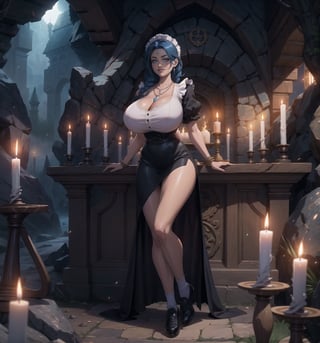 Image in a gothic, mystical, supernatural, and dark style, rendered in ultra-high resolution with realistic details. | Daiya, a 22-year-old woman, is positioned in a dark and damp cave with stone walls and stalactites. She wears a maid outfit, consisting of a white blouse with lace, a black skirt with a white apron, black stockings, and low-cut black shoes. Her blue hair is cut short with a thin braid on the right side, and she is smiling, showing her teeth with a happy expression. Her accessories include a pearl necklace, a heart-shaped pendant, a silver bracelet, and a ring with a pink stone. | The scene includes a stone-made sacrificial altar with candles and mystical symbols in the center, stone structures, candles, bones, and mystical symbols scattered throughout the cave. The rock formations, the altar, the candles, the bones, and the symbols, along with Daiya, create a gothic, mystical, and supernatural environment. The thunderstorms in the night sky illuminate the scene, creating dramatic shadows and emphasizing the details of the scene. | Soft and dark lighting effects create a tense and mysterious atmosphere, while rough and detailed textures on the structures and Daiya's outfit add realism to the image. | A tense and mysterious scene of Daiya, a woman in a gothic, mystical, and supernatural cave. | (((((The image reveals a full-body_shot as she assumes a relaxed_pose, engagingly leaning against a structure within the scene in an relaxed manner. She takes on a relaxed_pose as she interacts, boldly leaning on a structure, leaning back in an relaxed way))))) | ((perfect anatomy, perfect body, perfect_pose):1.5), ((full-body_shot)), ((perfect fingers, better hands, perfect hands, perfect legs, perfect feet)), ((Bust size XL)), ((Firm bust, Perfect bust)), ((perfect design)), ((correct errors):1.2), ((perfect composition)), ((very detailed scene, very detailed background, correct imperfections, perfect layout):1.2), ((More Detail, Enhance))