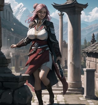An ultra-detailed 16K masterpiece with Adventure and ((Assassin's Creed)) styles, rendered in ultra-high resolution with realistic details. | Sophia, a 25-year-old woman, dressed in an Assassin's Creed costume. The costume is white and gray, with black and red details, and has several accessories, such as a cape, a sword and a hidden blade. Her pink hair is long and wavy, tied into a high bun. She has green eyes, looking at the viewer, ((smiling and showing her teeth)). It is located in an ancient assassin temple in Rome, with rock structures and an altar in the center. The mountain landscape in the background adds a mysterious and adventurous atmosphere to the place. | The image highlights the powerful and imposing figure of Sophia and the historic and mysterious elements of the temple. The rock structures, the altar, the cloak, the sword and the hidden blade, together with the woman, create a magical and exciting environment. The mountain landscape in the background adds a touch of drama and mystery to the scene. The shadows created by the sunlight highlight the details of the scene and create a tense, energetic atmosphere. | Dramatic and vibrant lighting effects create a magical and immersive atmosphere, while detailed textures on the structures, cape and costume add realism to the image. | A moving, historical scene of a woman in an Assassin's Creed costume in an ancient assassin temple in Rome, exploring themes of adventure, mystery and danger. | (((The image reveals a full-body_shot as Sophia assumes a sensual pose, engagingly leaning against a structure within the scene in an exciting manner. She takes on a sensual pose as she interacts, boldly leaning on a structure, leaning back and boldly throwing herself onto the structure, reclining back in an exhilarating way.))). | (((full-body_shot))), ((perfect pose)), ((perfect fingers, better hands, perfect hands)), ((perfect legs, perfect feet)), ((huge breasts)), ((perfect design)), ((perfect composition)), ((very detailed scene, very detailed background, perfect layout, correct imperfections)), More Detail, Enhance