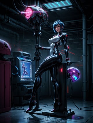 A woman, wearing cybernetic suit+white bionic armor with red bands, gigantic breasts, blue hair, very short hair, mohawk hair, bangs in front of her eyes, helmet on her head, looking at the viewer, (((erotic pose interacting and leaning on an object))), in a laboratory with machines, robots, pipes with luminous lights, windows showing the city, ((full body):1.5). 16k, UHD, best possible quality, ((best possible detail):1), best possible resolution, Unreal Engine 5, professional photography, ((Super Metroid)), perfect_hands,